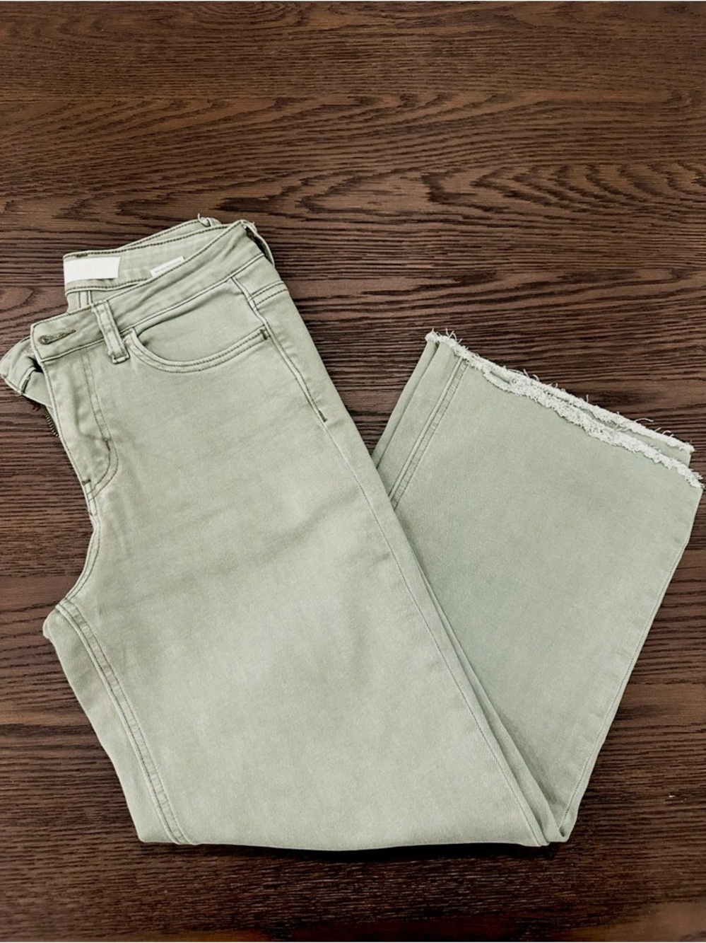Vervet Blue High Rise Cropped Wide Leg Jean With Raw Hem in Army Green